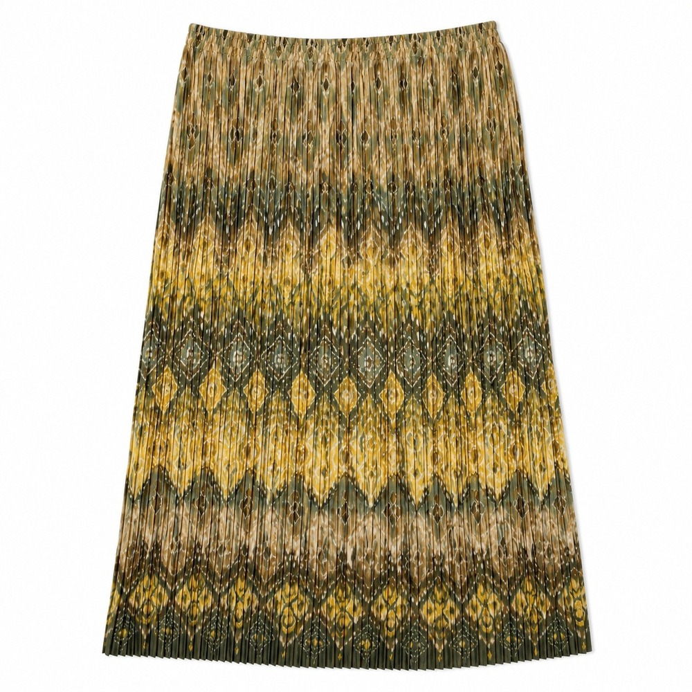 Vintage Petite Maxi Skirt Yellow Green Ikat Pleated Stretchy 10P Forest Fairy‎